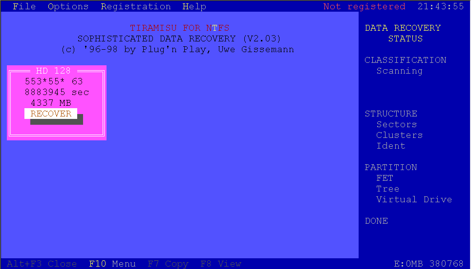 Start Screen for Tiramisu for NTFS(Windows NT)
